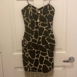 Bill Blass Dress In Giraffe Print with spaghetti straps and Lace Trim on Hem.